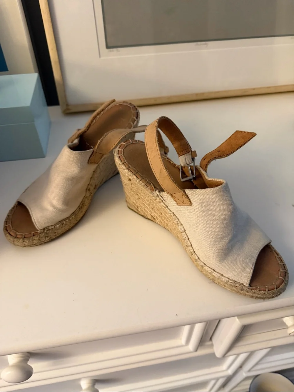 Toms Cream Canvas Espadrille Wedge Sandals